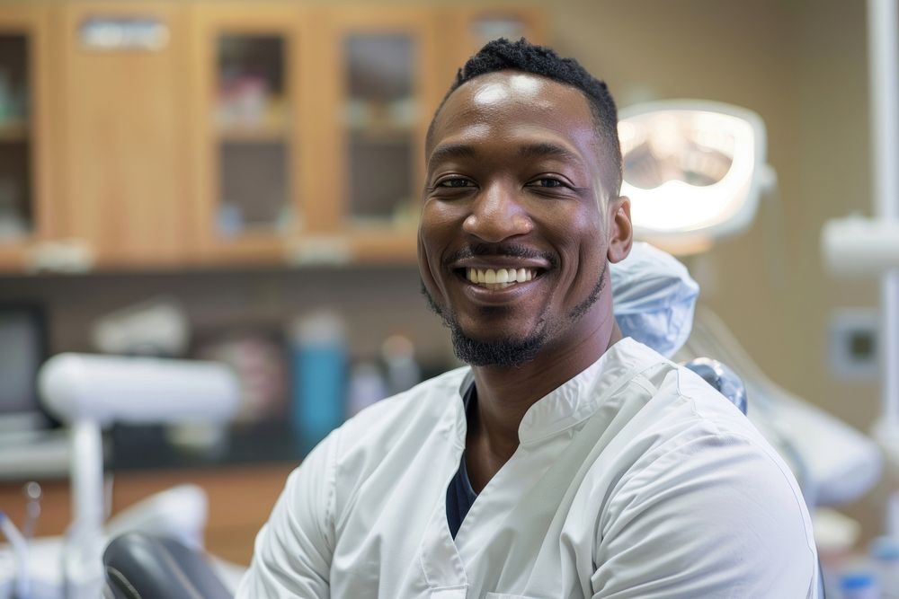 A black man dentist smile aganist dental person adult human.