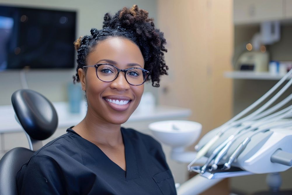 A black woman dentist smile aganist dental person female human.
