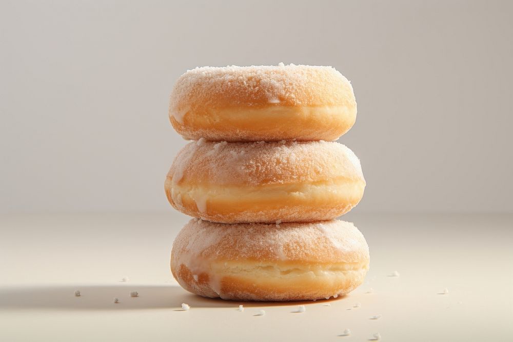 A stack of 3 donuts on light grey background confectionery sweets bread.