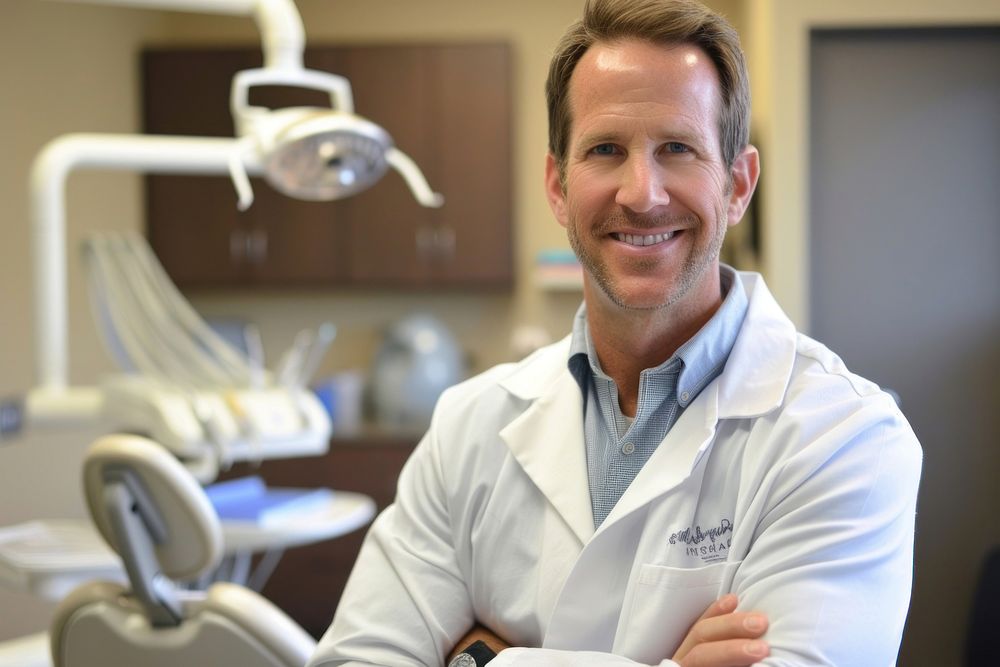 A white man dentist smile aganist dental person adult human.