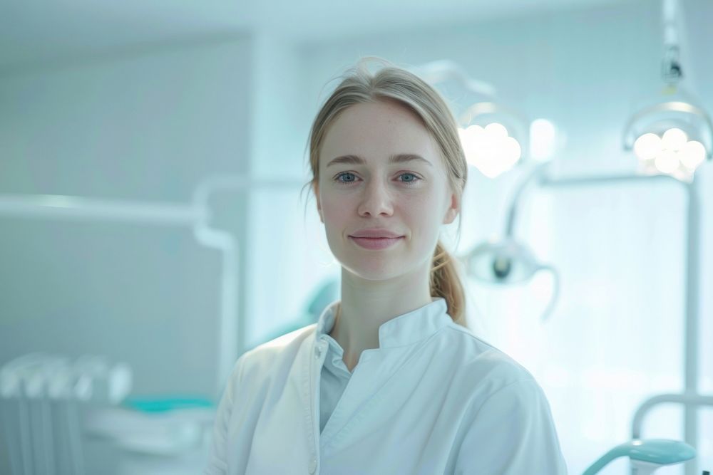 A white woman dentist smile aganist dental blonde person female.