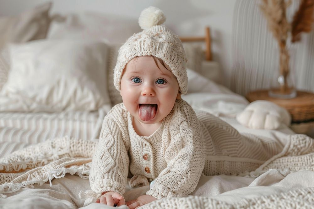 Baby newborn sticking tongue out on bed clothing knitwear apparel.
