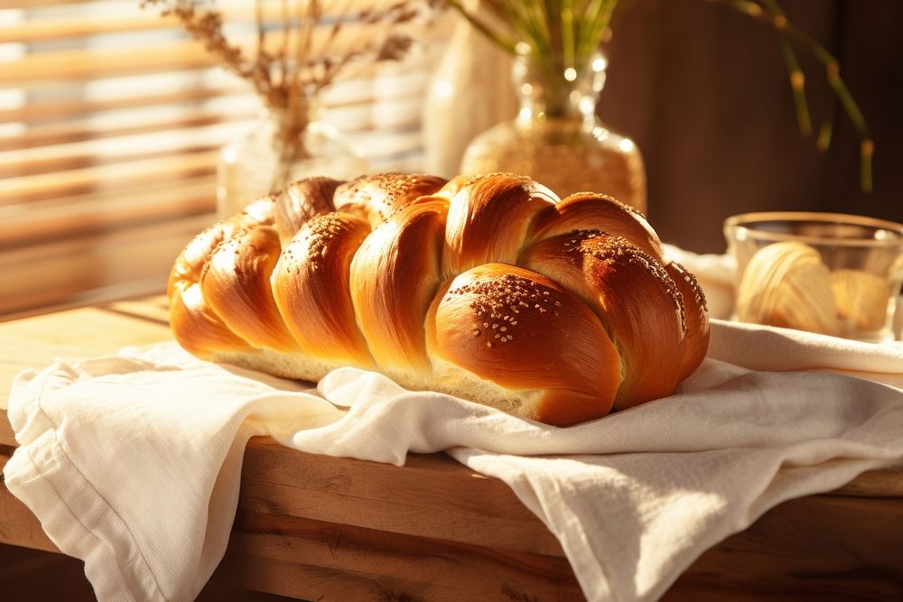 Beautiful Challah Bread slices on maple wooden top bread food.