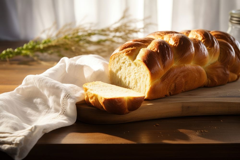 Beautiful Challah Bread slices on maple wooden top bread food french loaf.