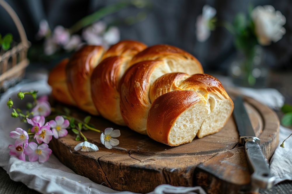 Beautiful Challah Bread slices on wooden top bread brunch food.