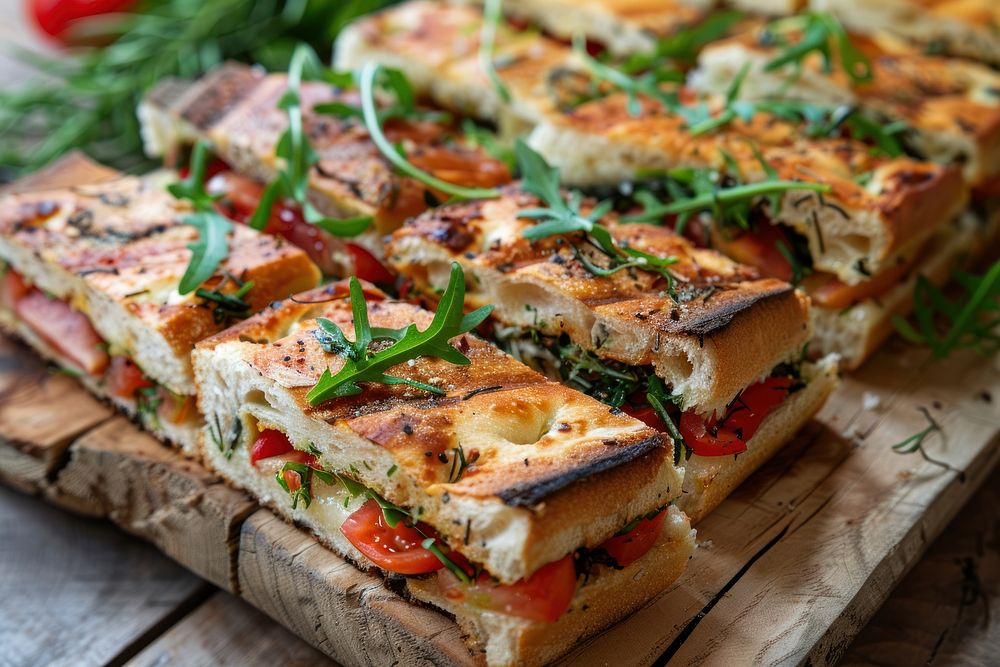 Beautiful foccacia sandwiches cut in half and stack in 2 row vegetable arugula produce.