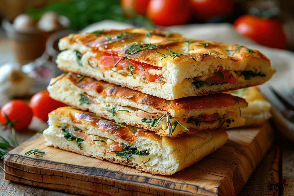 Beautiful foccacia sandwiches cut in half and stack in 2 row frittata brunch food.