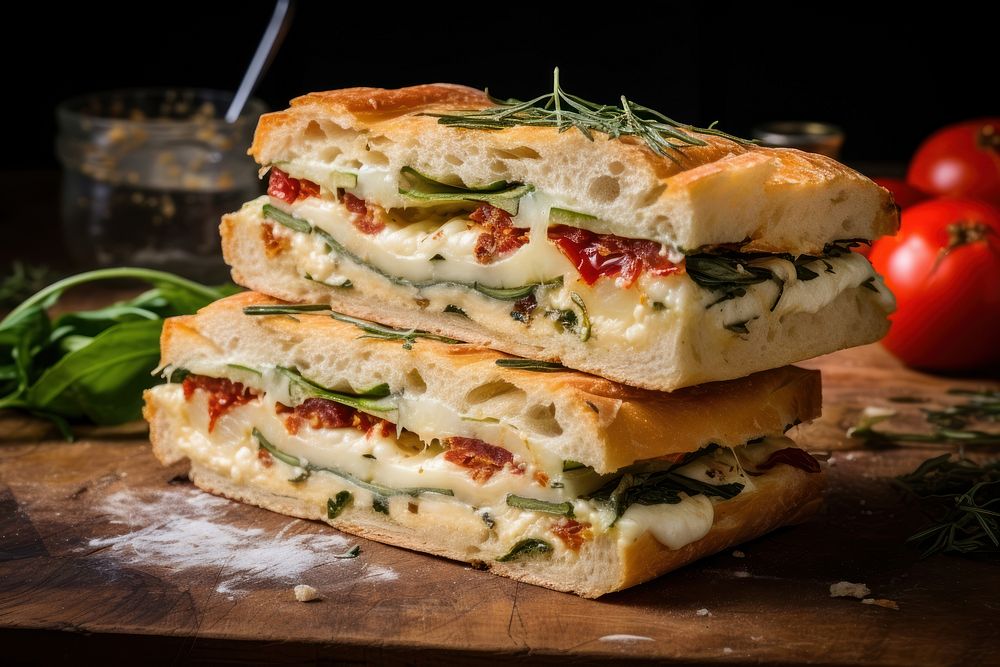 Beautiful foccacia sandwiches cut in half and stack in 2 row brunch burger food.