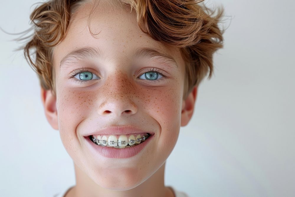 Boy smile and teeth with braces person human happy.