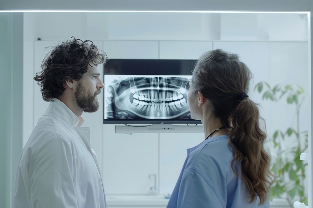 Dentist and patient looking at x-ray of teeth on screen architecture accessories electronics.