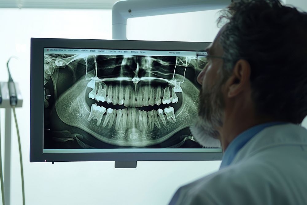 Dentist and patient looking at x-ray of teeth on screen electronics accessories accessory.