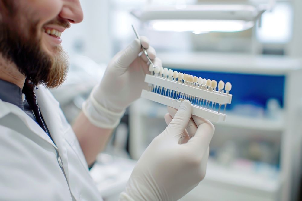 Dentist hold teeth palette near man smiling toothbrush clothing apparel.