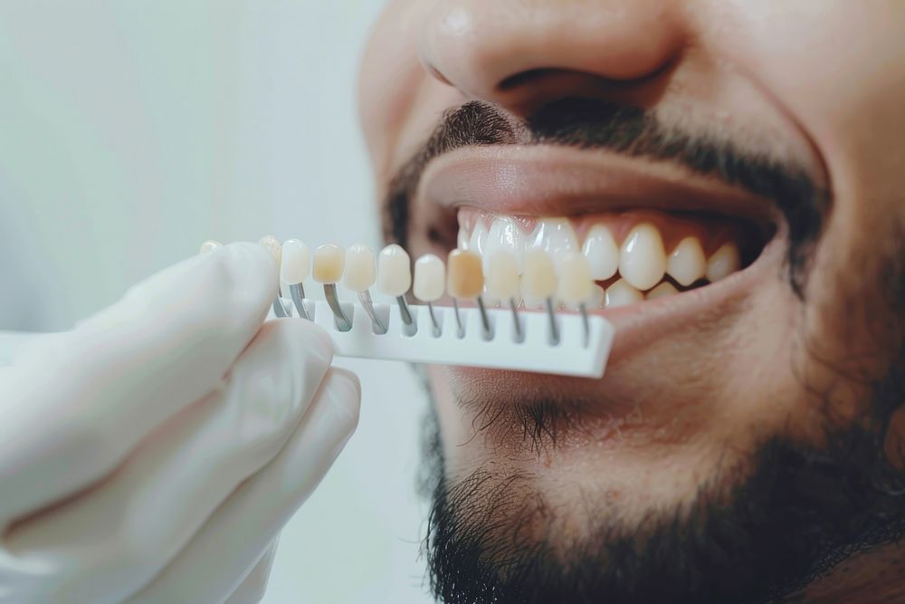 Dentist hold teeth palette near man smiling medication toothbrush person.