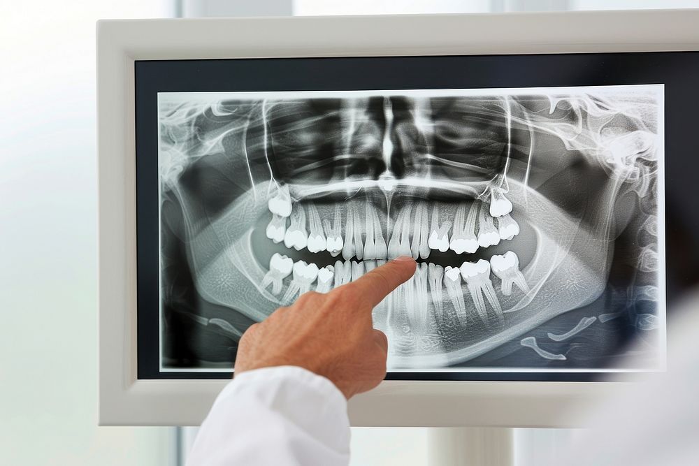 Dentist points to dental x-ray electronics hardware monitor.