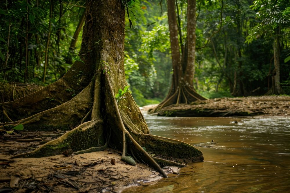 Riverbanks in the Brazilian rainforest tree vegetation outdoors.