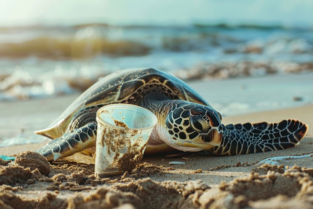 Sea turtle laying on the beach with plastic cup shoreline tortoise outdoors.