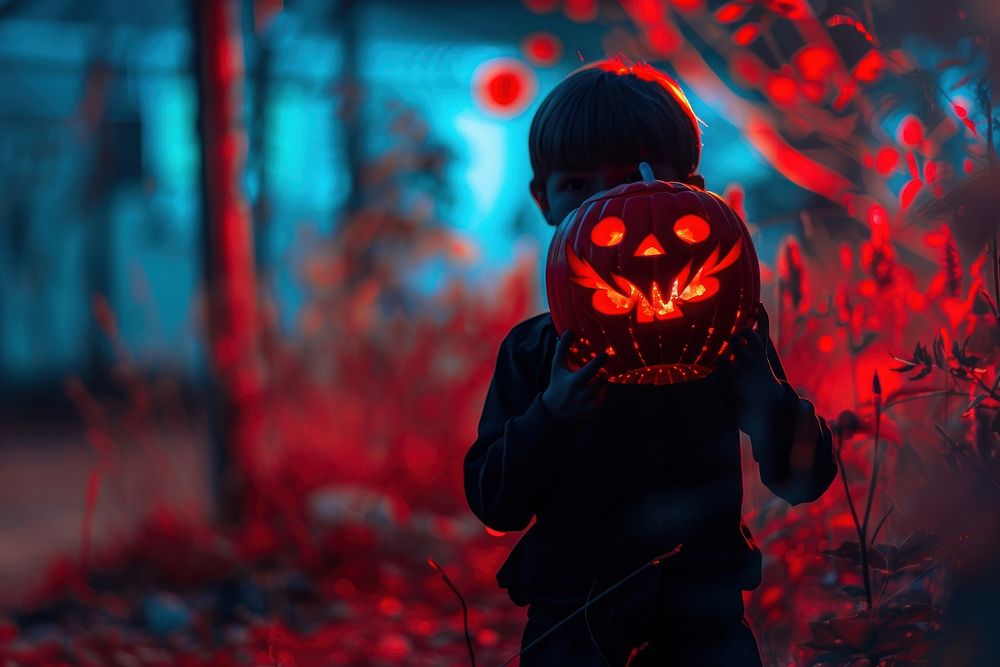 Shadow kid holding red neon pumpkin halloween jack-o-lantern festival.