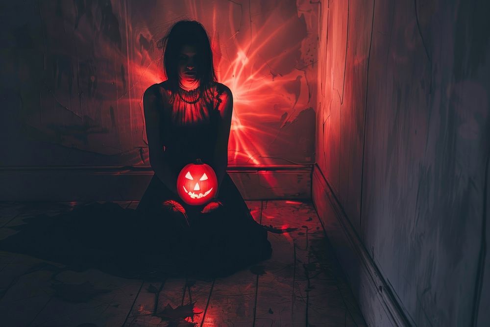 Shadow woman holding red neon pumpkin halloween festival female.