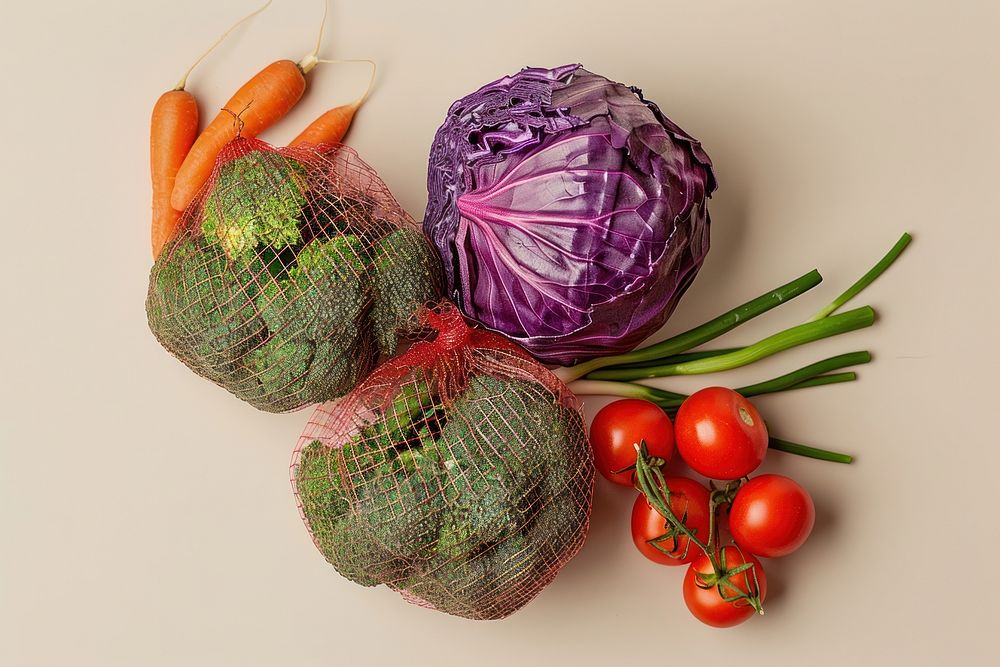 Vegetables in net bags produce plant food.