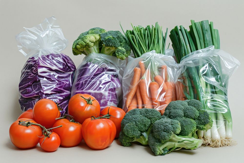 Vegetables in bags produce food.