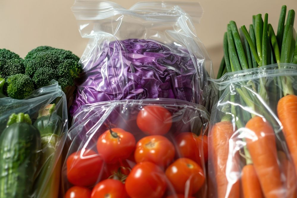 Vegetables in bags produce food.