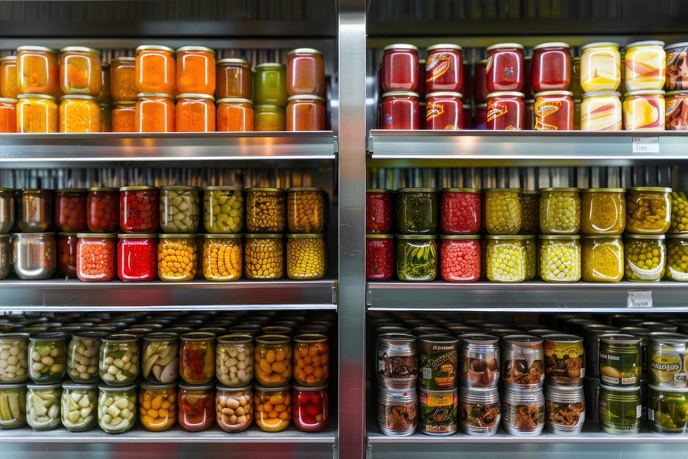 A display of canned food in the grocery store shelf tin refrigerator.