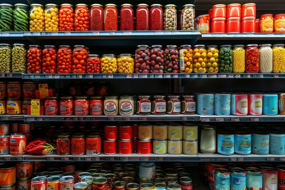 A display of canned food in the grocery store shelf tin supermarket.