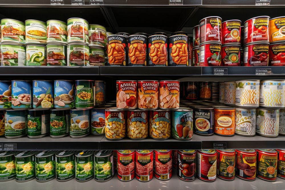 A display of canned food in the grocery store tin supermarket aluminium.