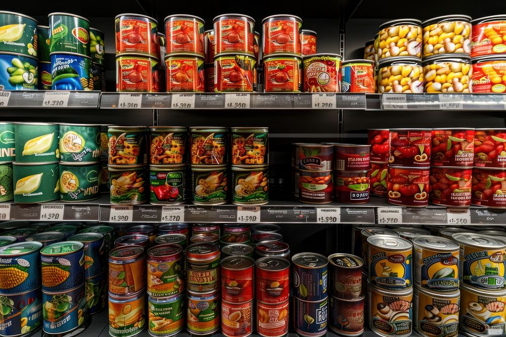 A display of canned food in the grocery store tin aluminium indoors.