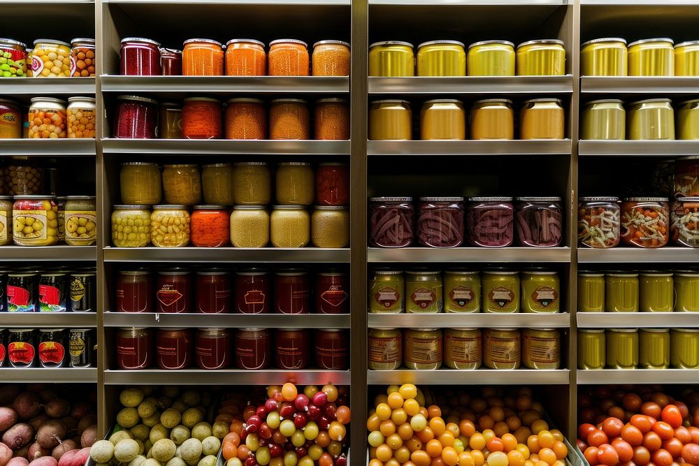 A display of canned food in the grocery store shelf aluminium indoors.