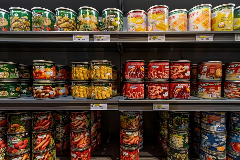 A display of canned food in the grocery store shelf tin refrigerator.