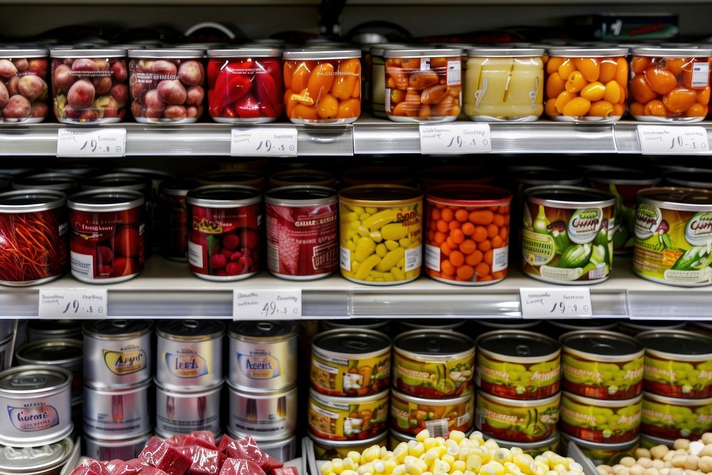 A display of canned food in the grocery store shelf tin aluminium.