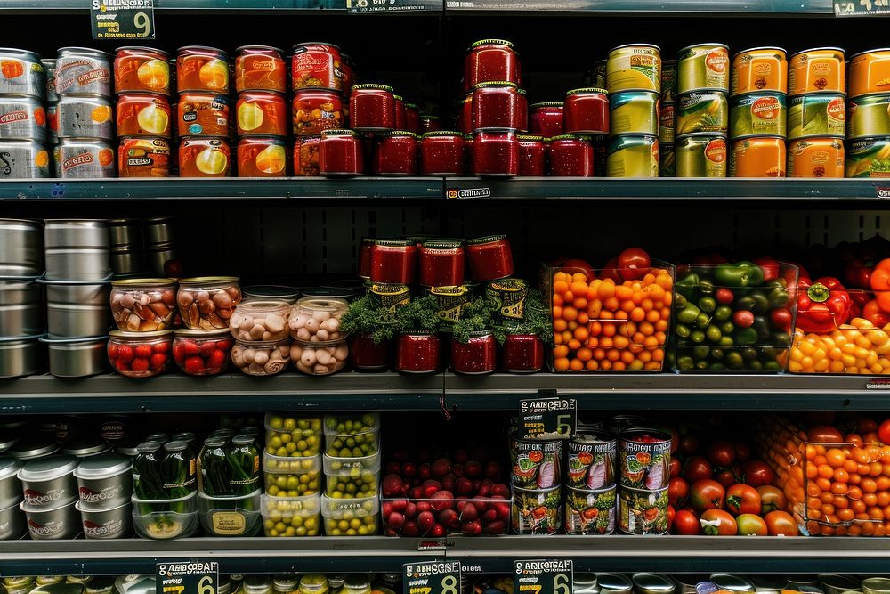 A display of canned food in the grocery store shelf supermarket aluminium.