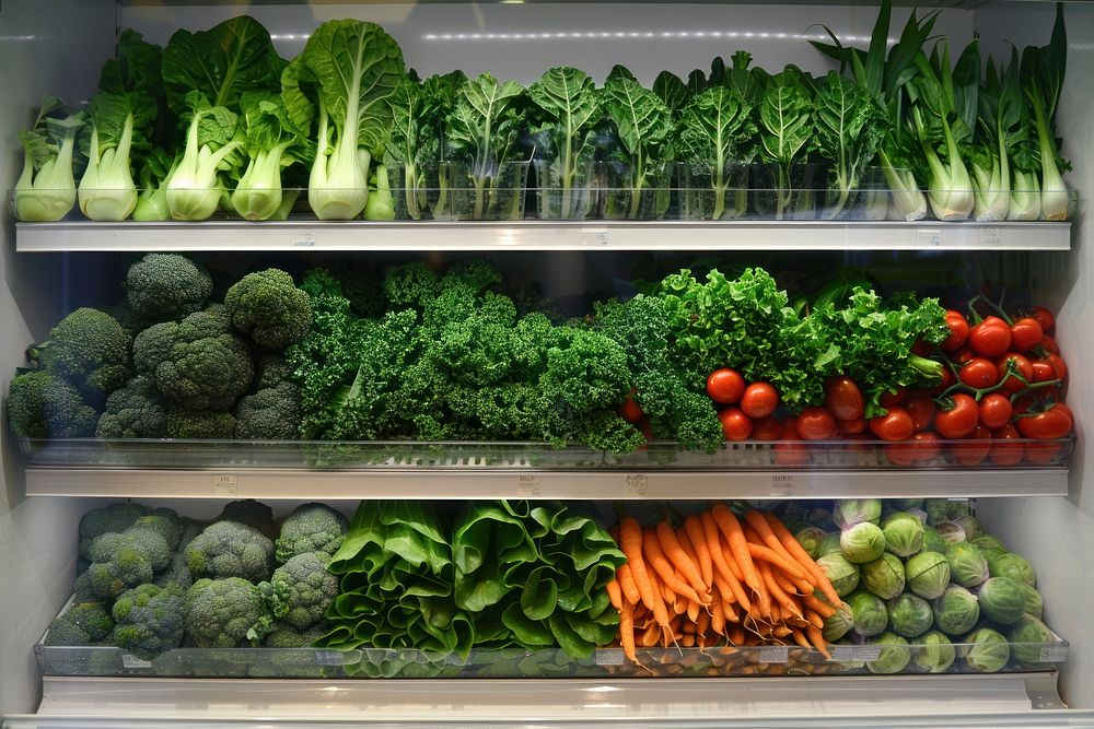 A display of fresh vegetables in the grocery store broccoli clothing footwear.