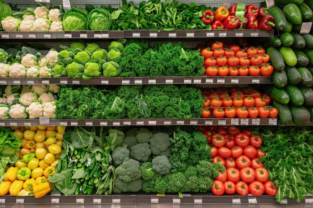 A display of fresh vegetables in the grocery store supermarket indoors produce.
