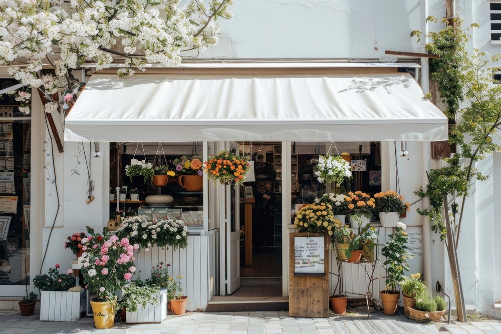 A front view of a minimal cozy modern minimal and elegant flower shop awning blossom canopy.