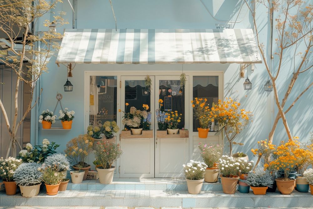 A front view of a minimal cozy modern minimal and elegant flower shop awning door architecture.