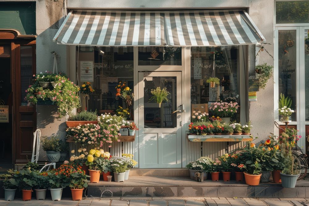 A front view of a minimal cozy modern minimal and elegant flower shop awning transportation planter.