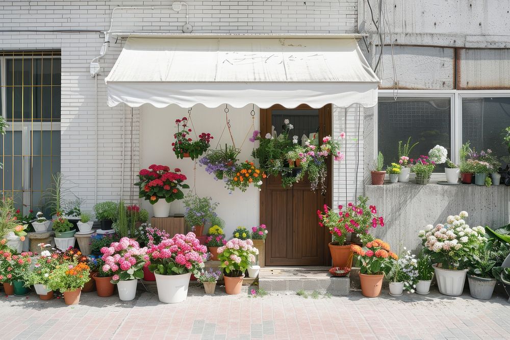 A front view of a minimal cozy modern minimal and elegant flower shop awning furniture outdoors.