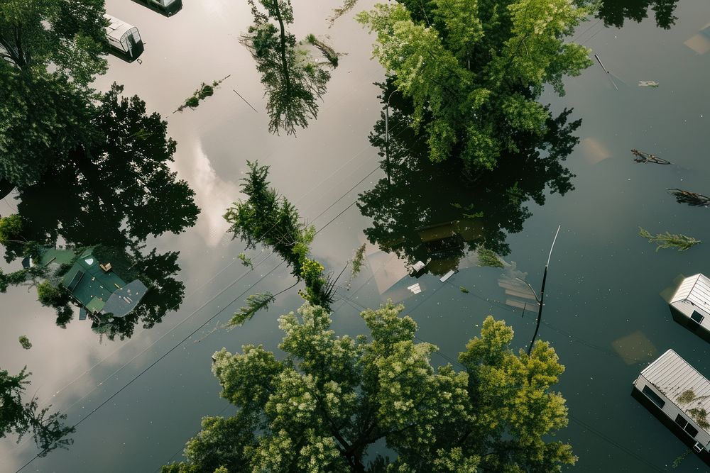 An aerial view of the flood water tree bus.