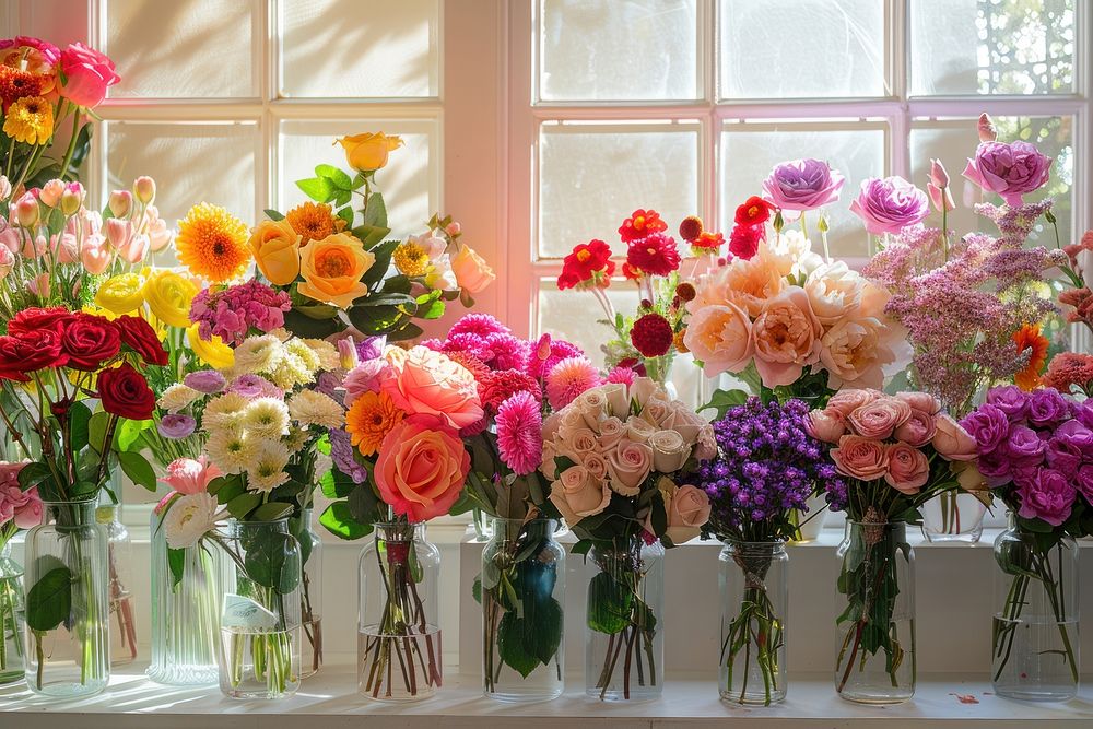 An elegant flower shop with vases filled to the brim blossom rose graphics.