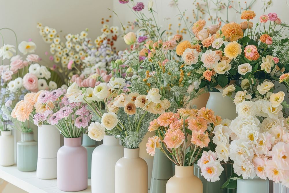 An elegant flower shop with vases filled to the brim asteraceae graphics blossom.