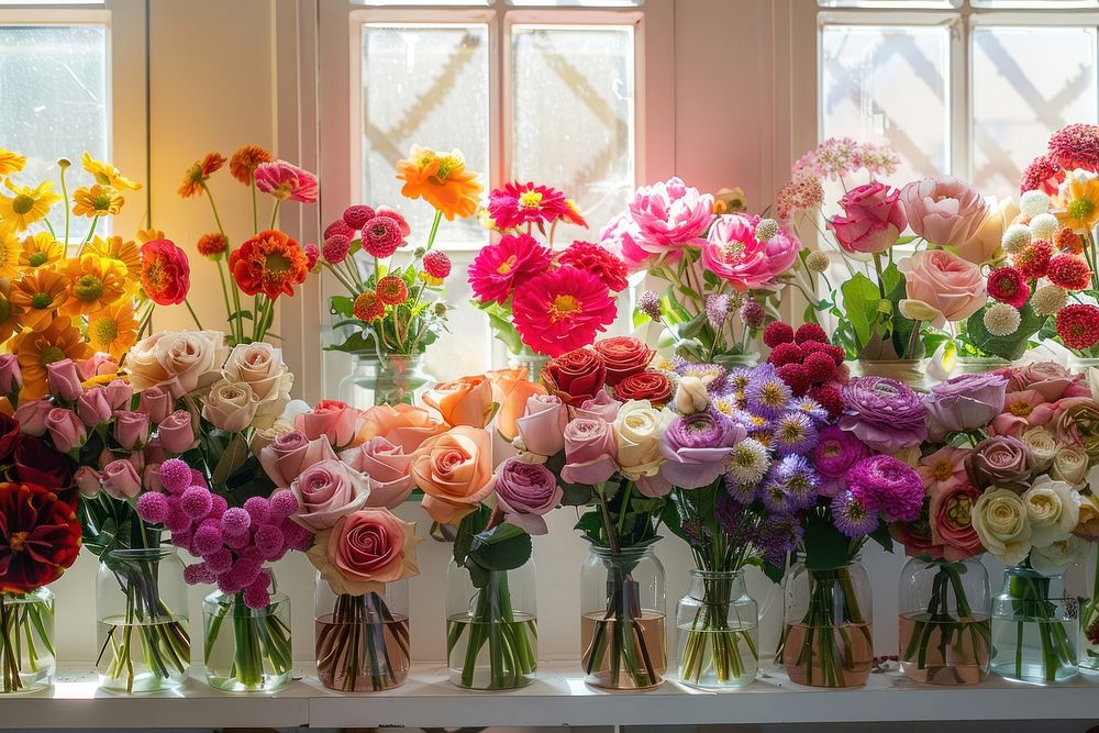An elegant flower shop with vases filled to the brim blossom window rose.