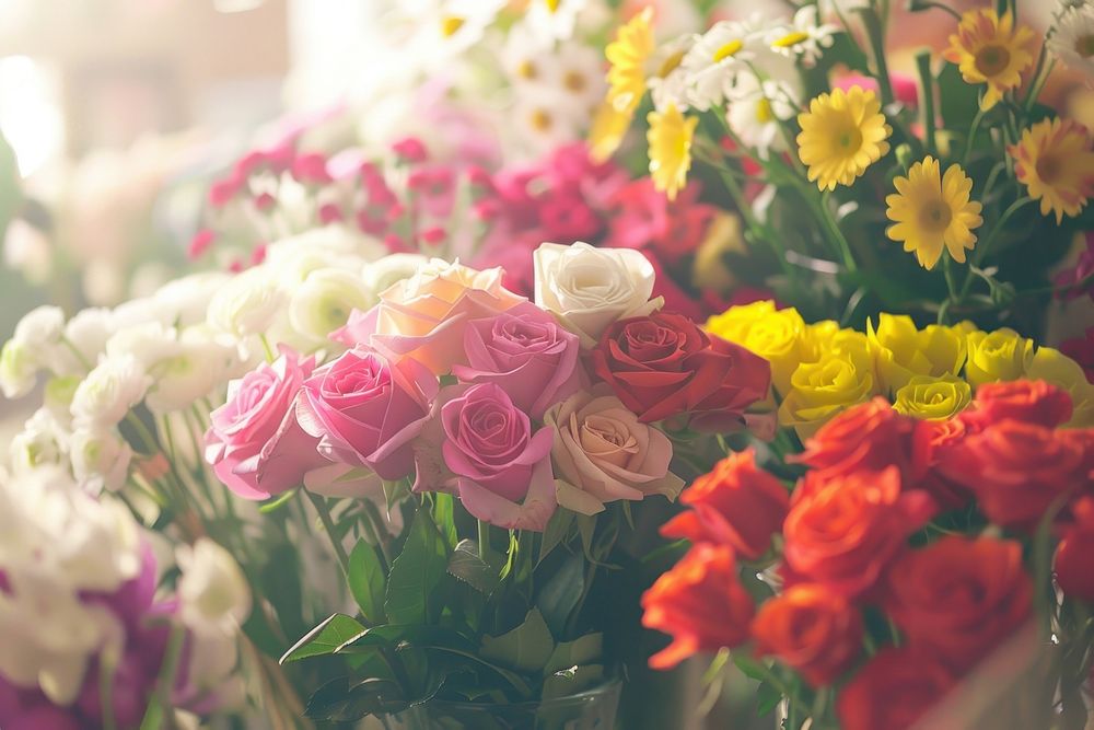 An elegant flower shop with vases filled to the brim blossom rose plant.