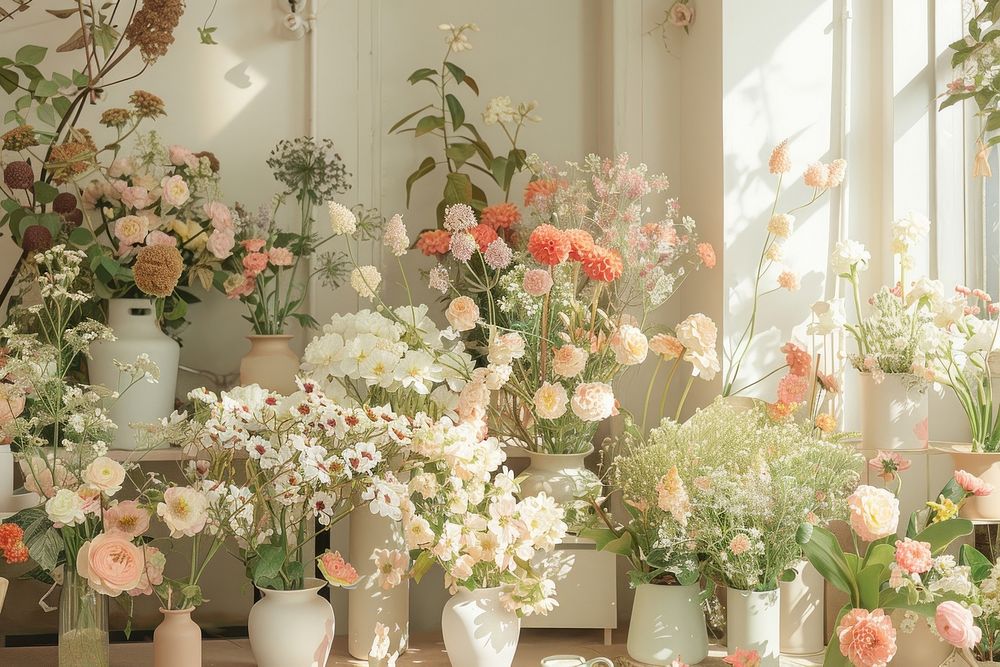 An elegant flower shop with vases filled to the brim graphics blossom pattern.