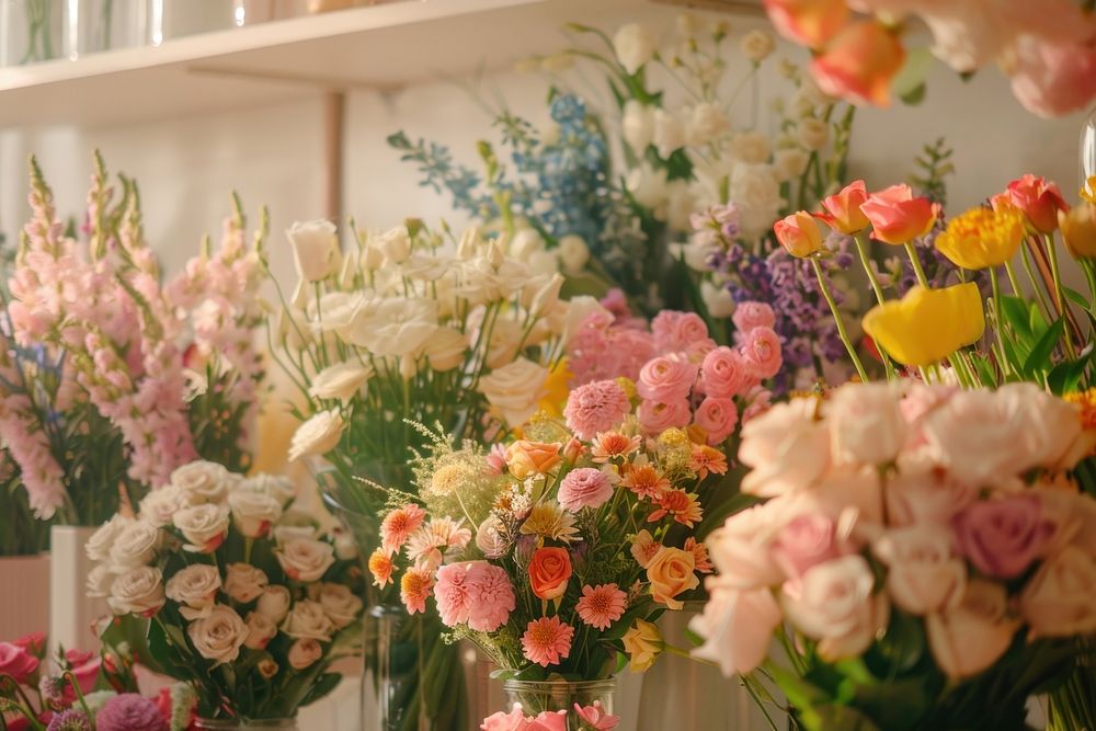 An elegant flower shop with vases filled to the brim carnation graphics blossom.