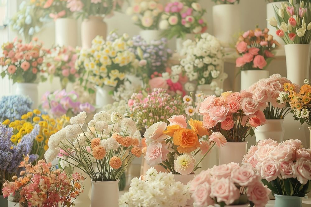 An elegant flower shop with vases filled to the brim carnation graphics blossom.