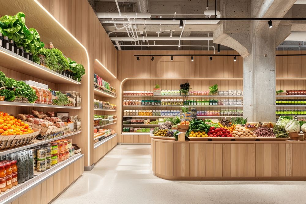 An interior design of the modern grocery store plant supermarket indoors.