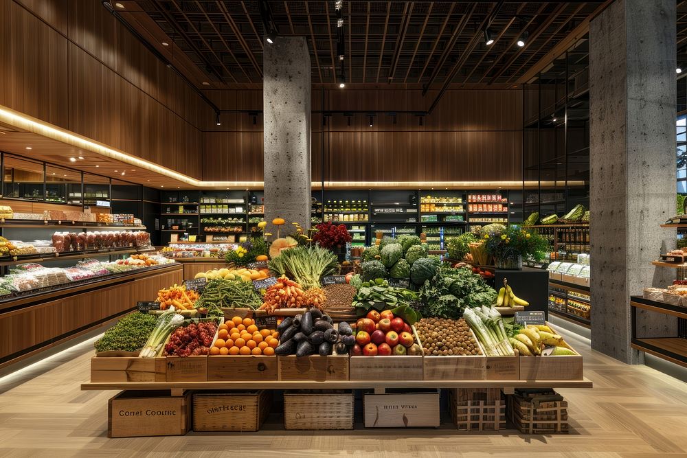 An interior design of the modern grocery store produce fruit plant.