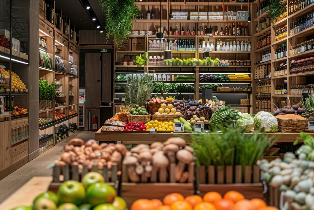 An interior design of the modern grocery store plant supermarket indoors.